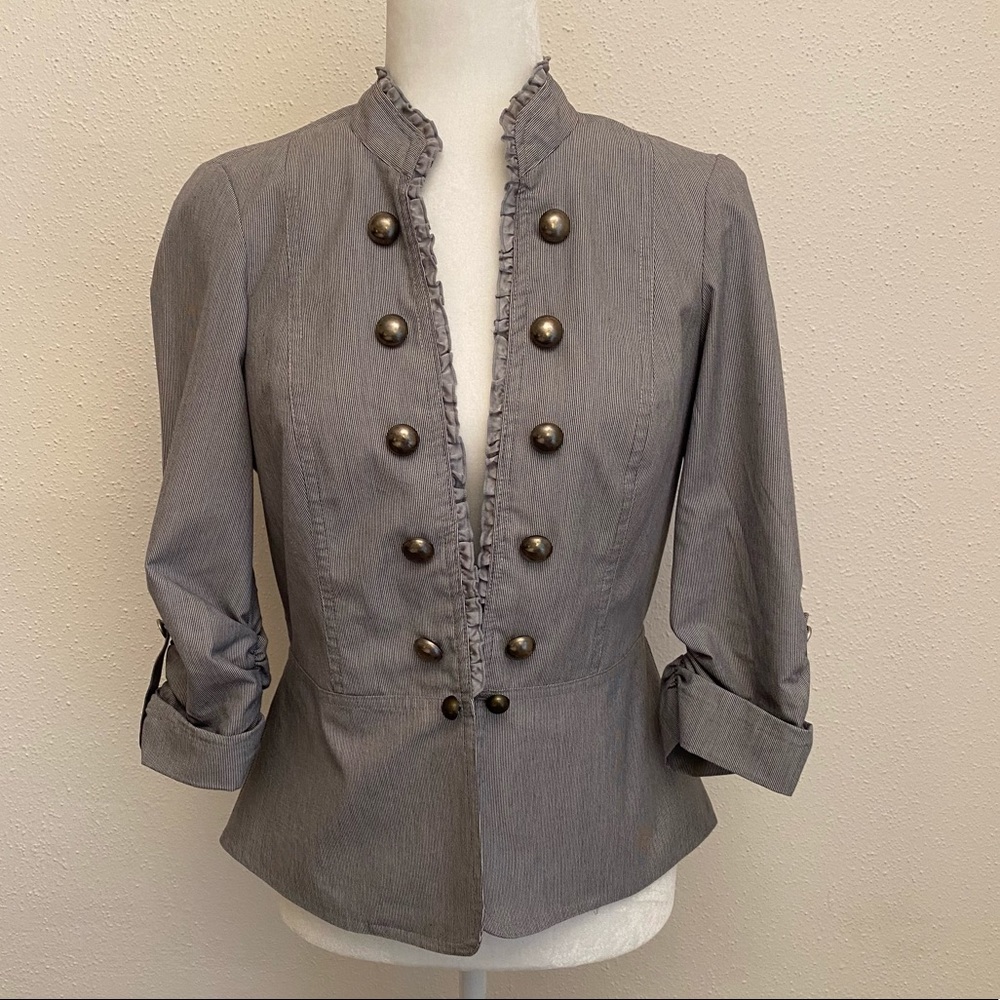 Stoosh Studio pinstripe ruffle military jacket